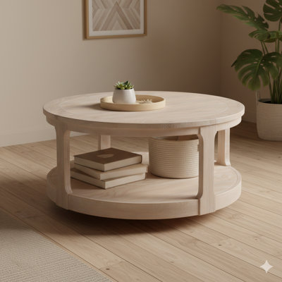 Grande table basse ronde de 40 pouces à 2 niveaux avec centre central rond en bois, table ronde avec roulettes, table de style rustique Mid-Century pour salon, bureau, appartement, finition chêne
