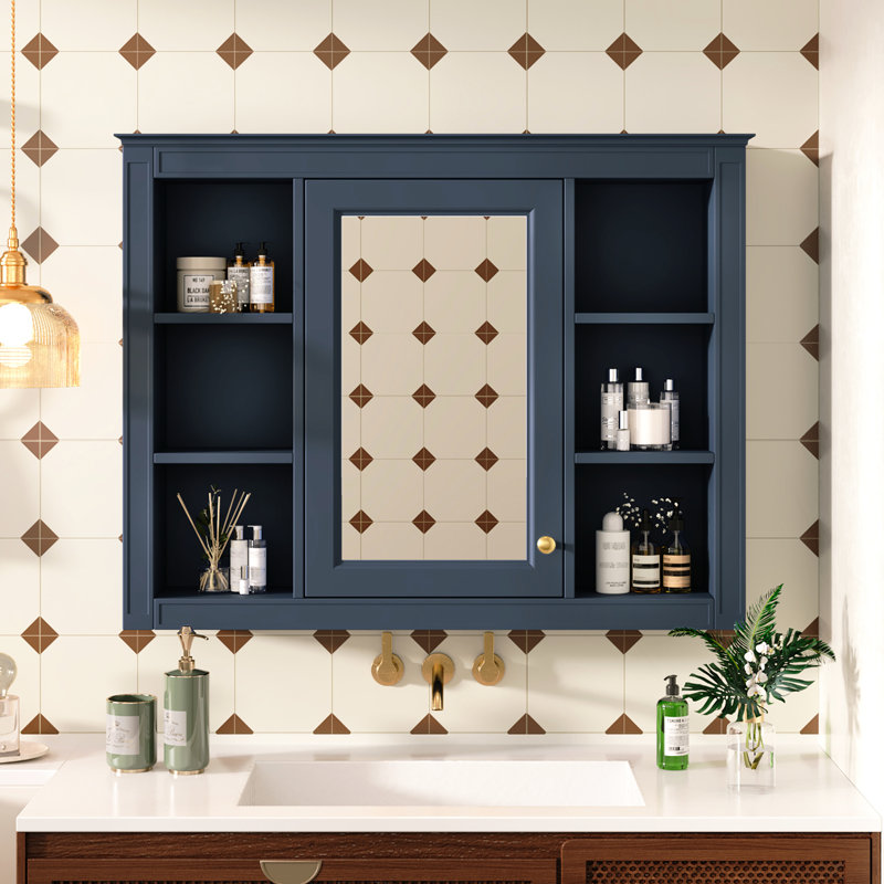 Armoire de rangement pour salle de bain avec miroir, 35 po x 27,5 po, charnières à fermeture en douceur, bleu, armoire murale moderne 35 po x 27,5 po, articles d'intimité dissimulés,