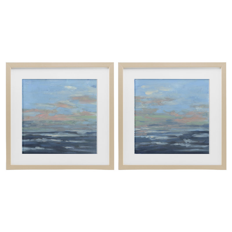 «Abstract Ocean Romance», ensemble de 2 impressions encadrées sous verre, design par June Erica Vess, Cadre de récolte en pin