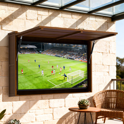 Outdoor Tv Enclosure, 65 Inch Solid Wood Wall-mounted Tv Cabinet With Dual-arm Steel Bracket, Includes 600d Oxford Tv Cover, Walnut