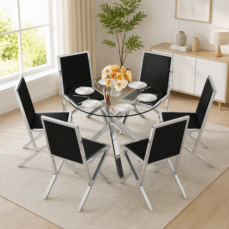 Modern 39 Inch Round Glass Dining Table Set, X-Shaped Silver Metal Base, with 4 Black PU Chairs, 7