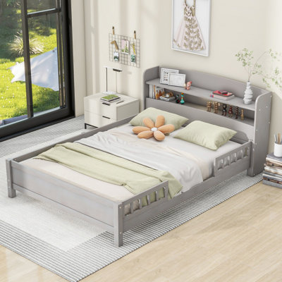 Wood Full Size Platform Bed with LED Light, Storage Headboard, Guardrail & Drawers, Modern Bed Frame, Antique Grey