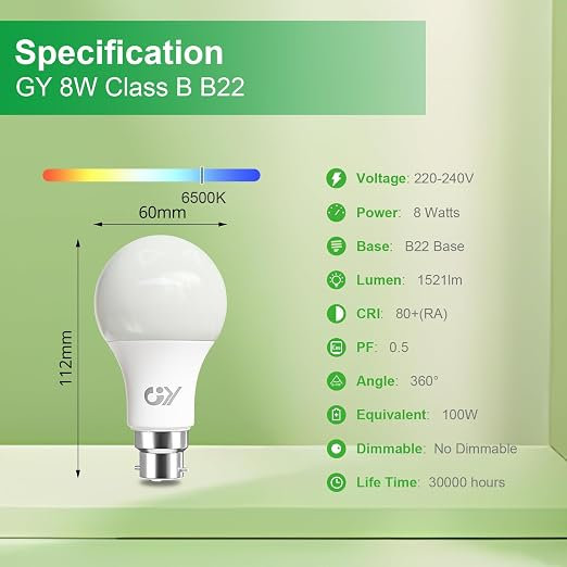 GY B22 Bayonet LED Light Bulb Cool White 6500K, A60 8W 1521LM High Energy-Efficient Class B, Replaces 100W, Non-Dimmable, 6 PCS