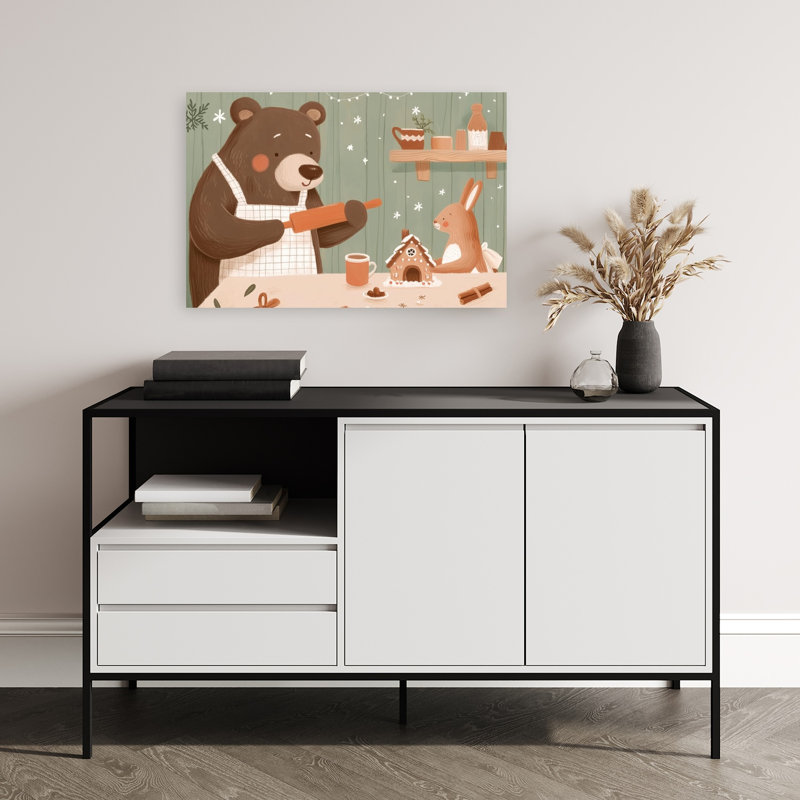 Holiday Baking Friends Abstract Contemporary Bear Rabbit Winter Forest Wall Art Print by Mathieu - Wrapped Canvas Print