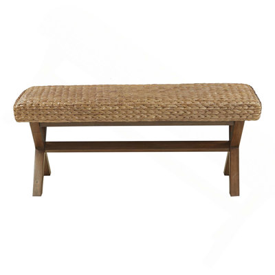 45 Inch Wide 2-Seat Casual Style Bench 400 Lbs Weight Capacity Brown Finish Mahogany Wood Woven Water Hyacinth Top