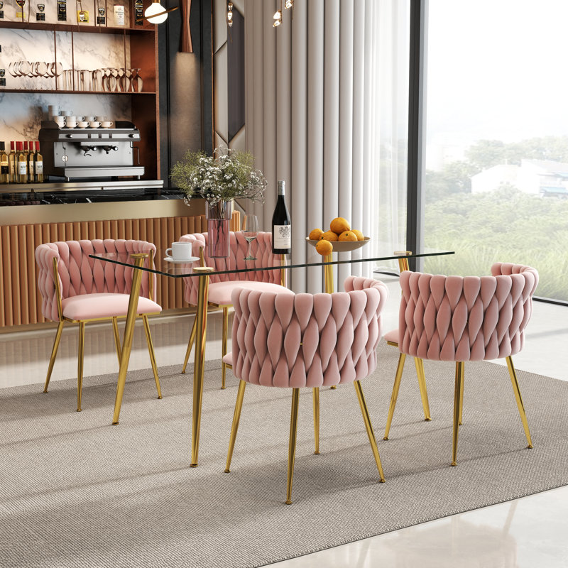 Ensemble de salle à manger rectangulaire moderne avec chaise rembourrée, 5 pièces: table, 4 chaises, Rose/Or, Doré