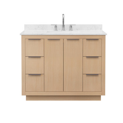 Meuble-lavabo simple de 42 po en paille légère Maroni, comptoir en marbre de culture de Carrare, lavabo carré encastré (3 trous), garniture en nickel brossé