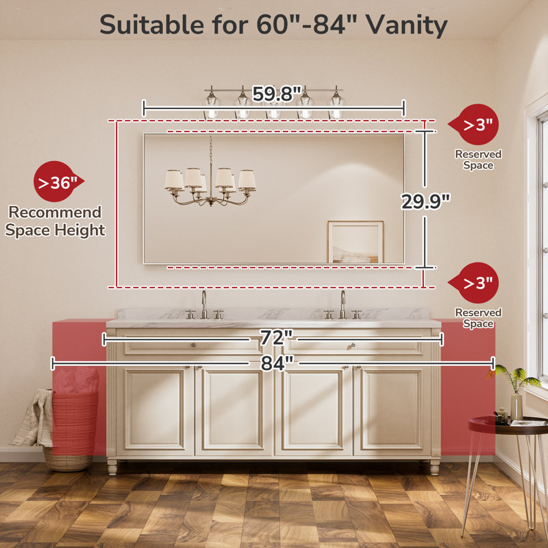 Rectangle Bathroom Vanity Mirror with Aluminum Frame and Tempered Glass, 60" x 30", Nickel