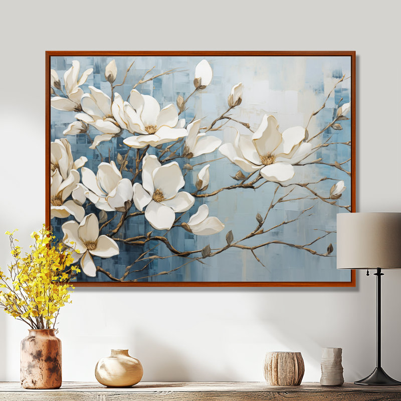 «Blue and Gold Painted Magnolias VI», art mural sur toile Magnolias, Reproduction avec cadre flottant, H 16 po x l 32 po