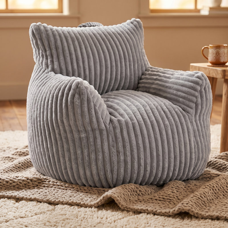 Pouf poire — Mousse à mémoire de forme et fausse fourrure pelucheuse, fauteuil de sol ultra doux pour chambre, dortoir, salle de jeux et petits espaces (gris à fines rayures)