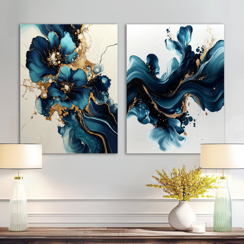 Arc-en-ciel doré de l'encre liquide II - ensemble de 2 impressions murales abstraites en métal bleu, 32" H x 48" W