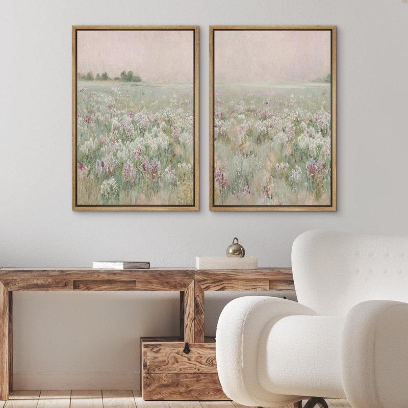 «Serene Meadow Field Pastel Floral Landscape In Hazy Dawn Light Modern Art Wall Decor», reproduction d'art encadrée sur toile, 2 pièces