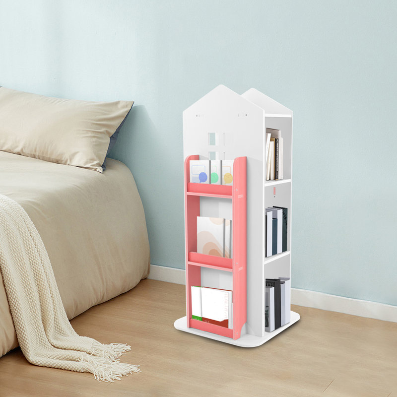 360° Rotating Bookshelf, 3 Tiers Corner Shelf, For Bedroom, Living Room, White/Pink