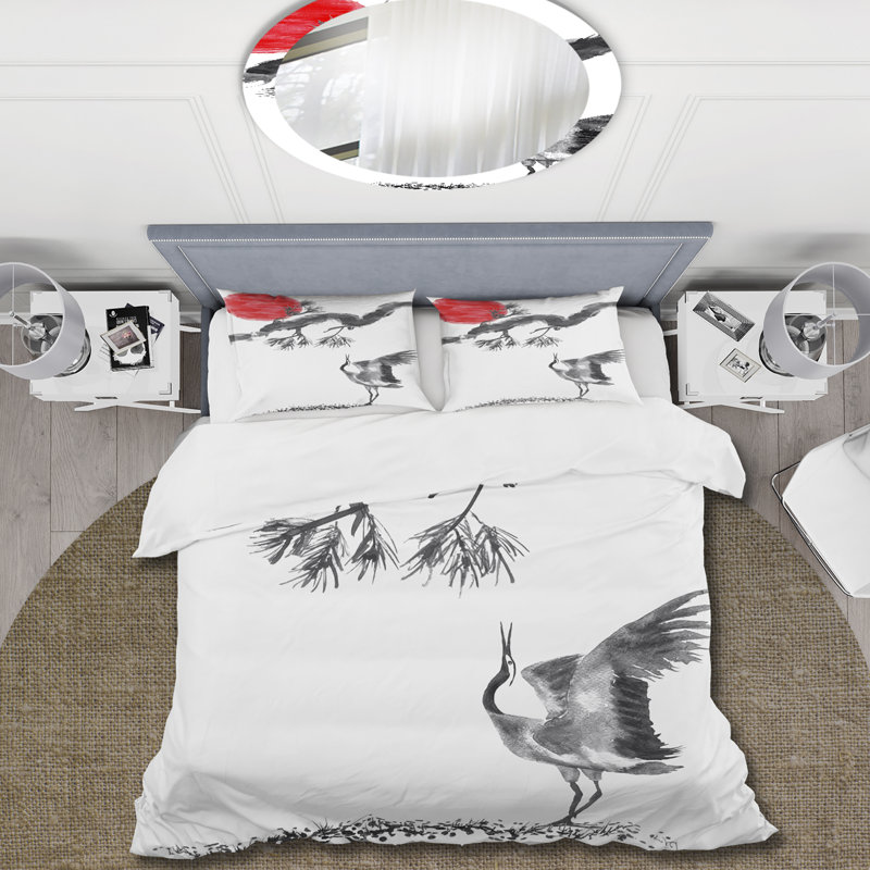 Pin chinois avec grue japonaise - ensemble de housse de couette traditionnel - microfibre de polyester