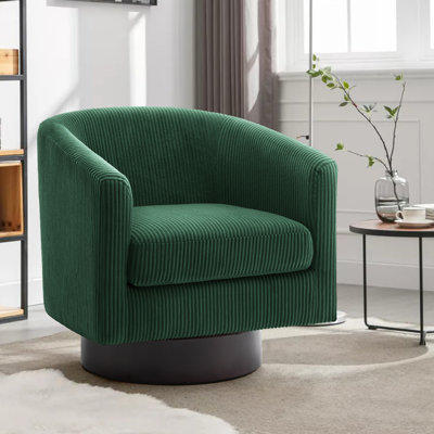 Applewold Upholstered Dark Green Corduroy Swivel Barrel Chair with Solid Wood Base