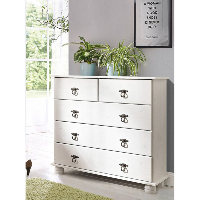 Amias Solid Wood 82cm W 5 - Drawer Chest of Drawers, White Lacquer