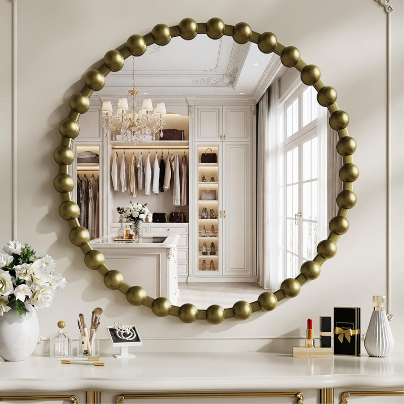 Miroir de salle de bain rond rond, miroir mural à cadre perlé de 28 pouces pour salle de bain, commode de chambre à coucher, entrée, salon, miroir mural décoratif suspendu, bronze