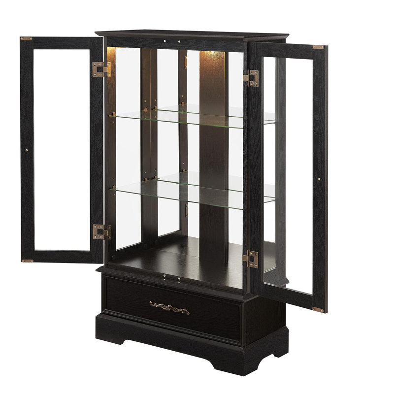 Lighted Glass Curio Cabinet With Adjustable Shelves - Elegant 2-Door Display Cabinet & Built-In Drawer, Includes Bulb - BLACK