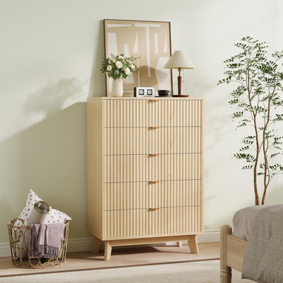 Mid-Century Fluted 5-Drawer Dresser, Natural Wood Chest of Drawers for Bedroom, Boho Storage Organizer by George Oliver