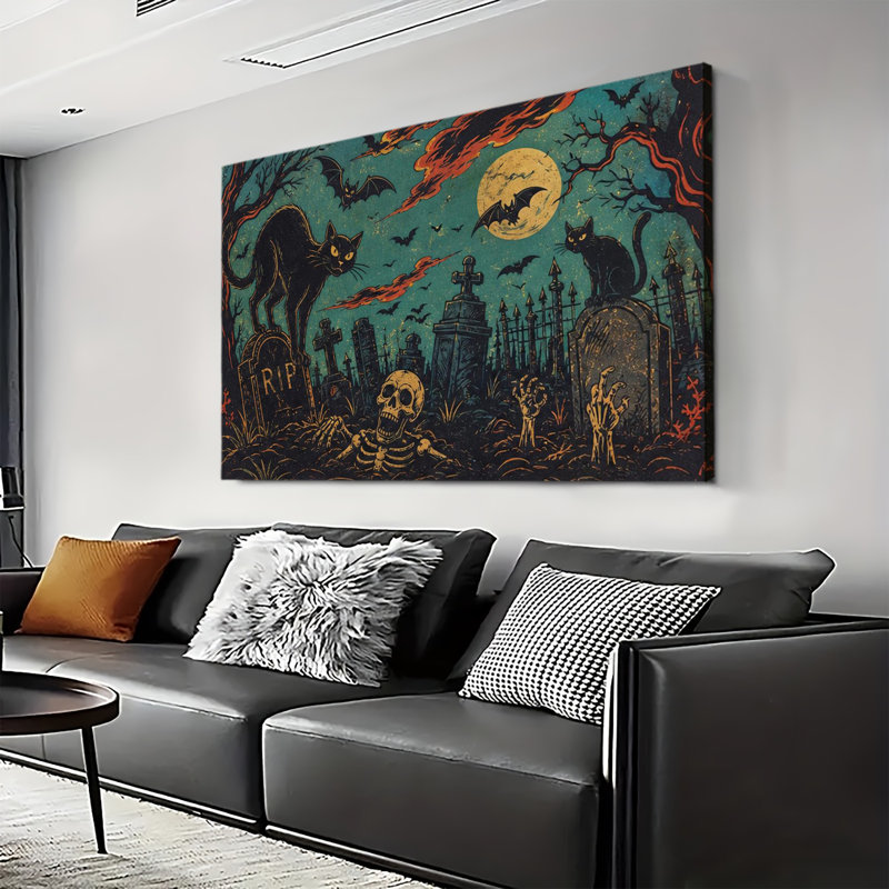 Tableau sur toile vintage représentant un chat noir, un crâne et des chauves-souris dans un cimetière, avec une pleine lune et un style rétro Halloween.