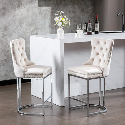 Set Of 2, Modern Velvet Barstools With Button Back&Rivet Trim Upholstered Kitchen Island Chairs With Sturdy Chromed Metal Base Legs Farmhouse Bar Stools, (Beige,2 Pack)