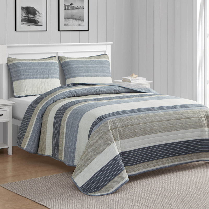 Nautica Ridgeport Cotton Reversible Quilt Set, Twin Quilt + 1 Standard Sham, Taupe Striped