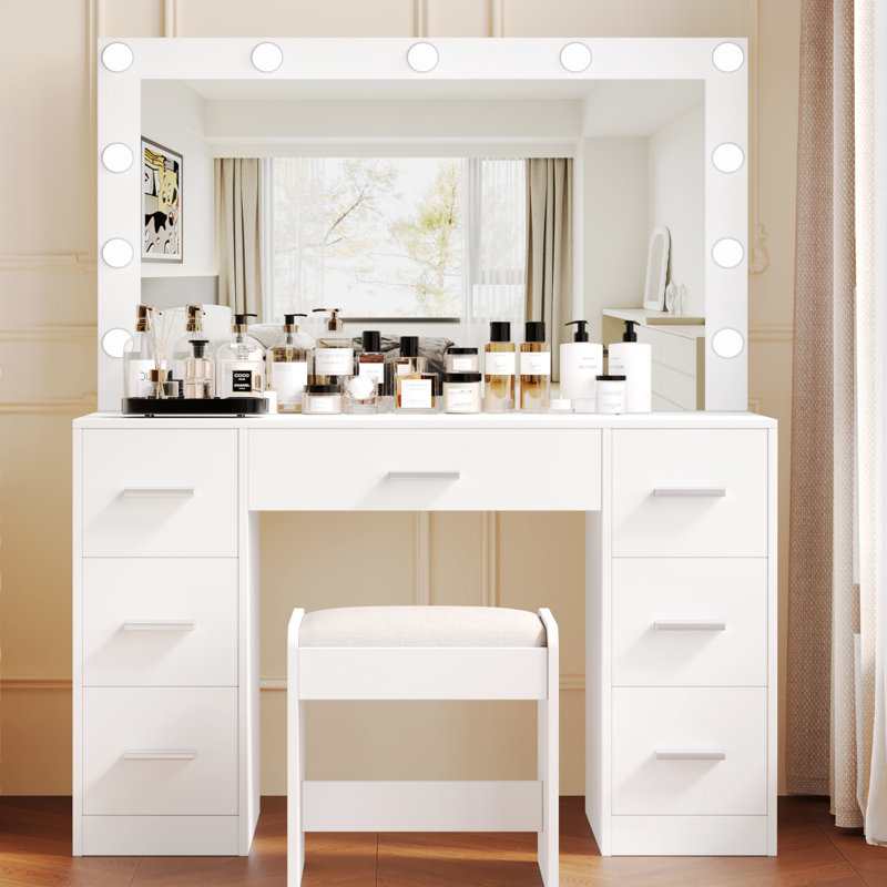 Latitude Run® Vanity Desk Set with Lighted Large Mirror & Cushioned Stool, Bedroom Dressing Table With 7 Drawers, White