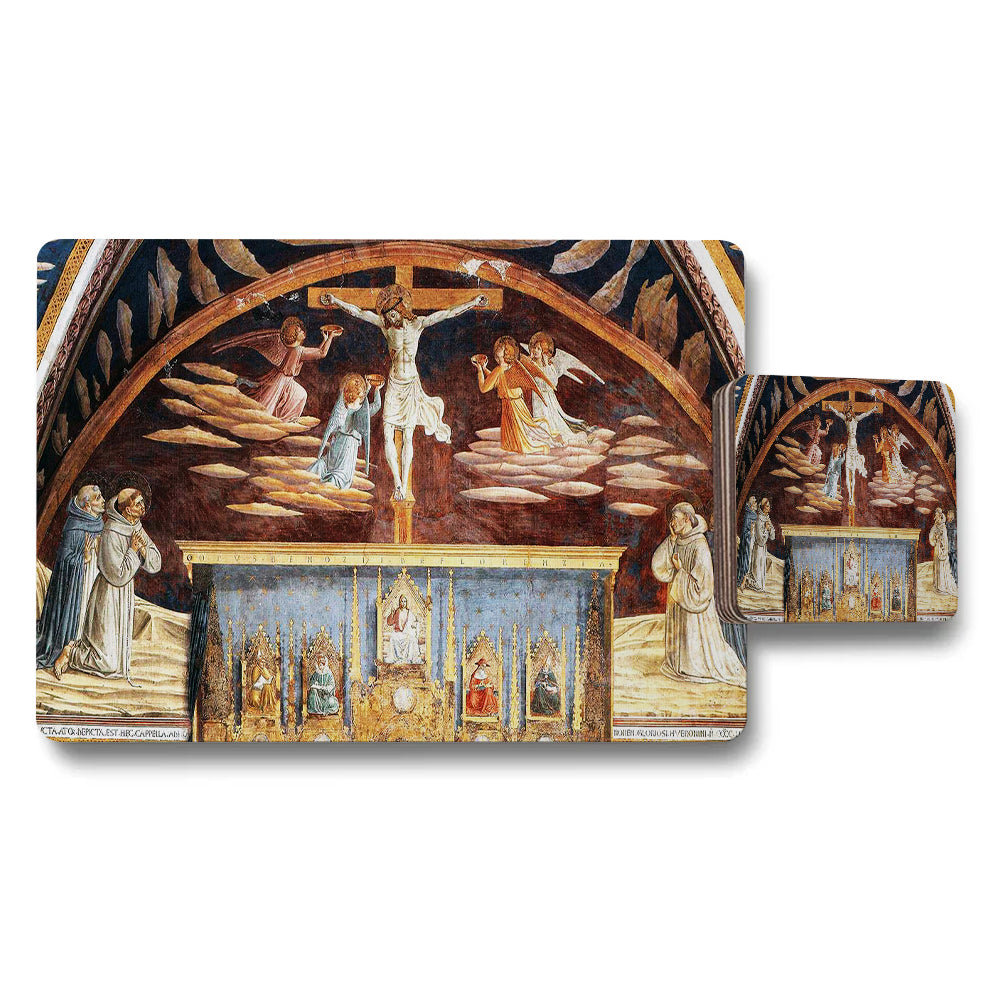 Religious Fresco Art Placemat And Coaster Set With Crucifix Scene