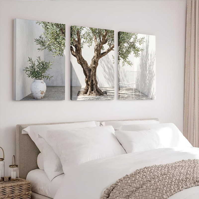 Ensemble de 3 tableaux sur toile représentant un paysage d'oliviers, pour la décoration du salon, H 36 po x l 72 po