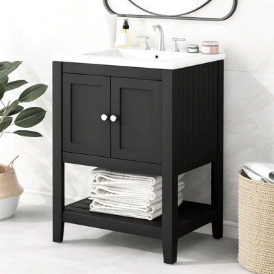 Meuble-lavabo noir 24 po avec lavabo en céramique et tablette ouverte moderne en bois massif