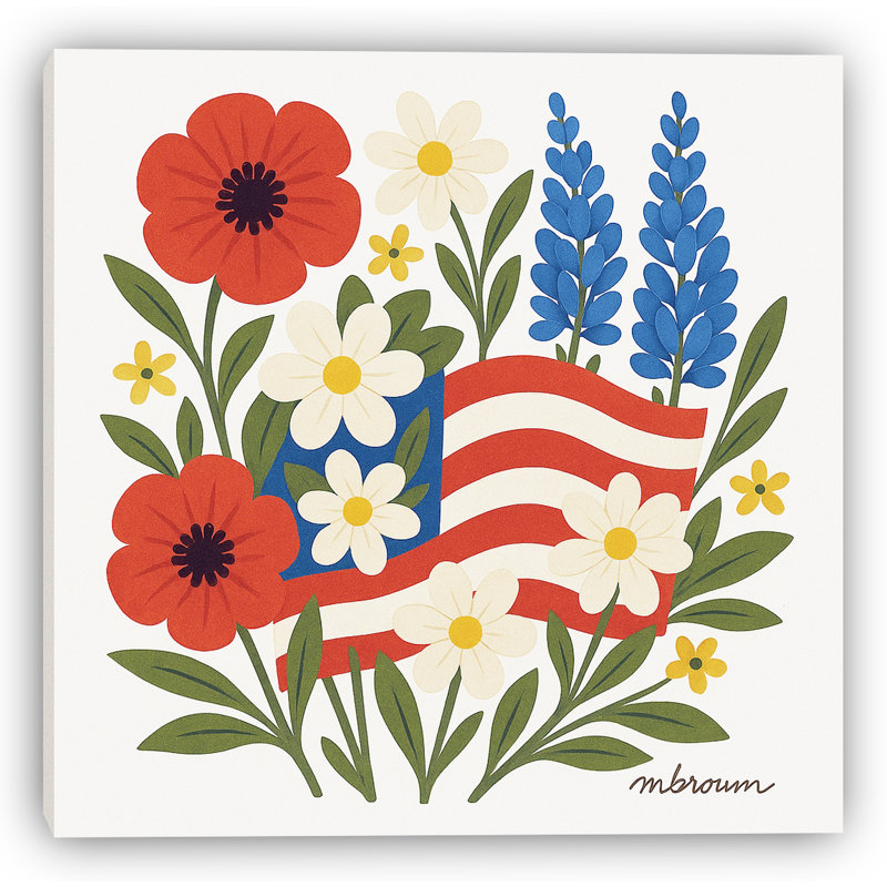«Folk Style Flag and Flowers Illustration», art mural, H 12 po x l 12 po