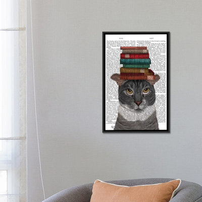 «Gray Cat with Books on Head I», impression sur toile tendue