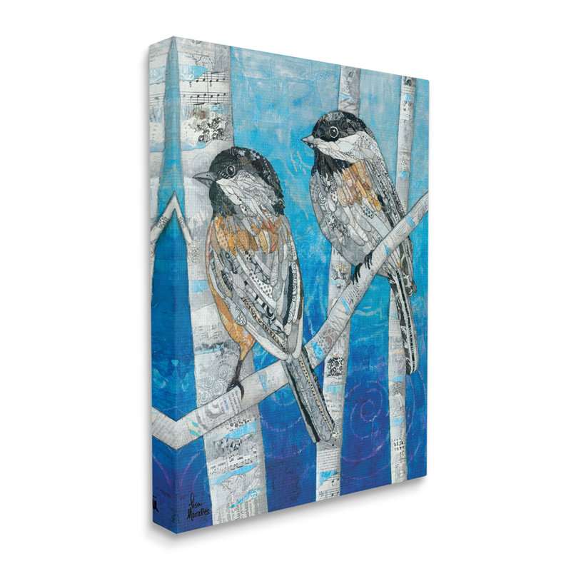 " Chickadees Perched Layered Ephemera Animal Birds Collage " by Lisa Morales Painting Print, Wrapped Canvas