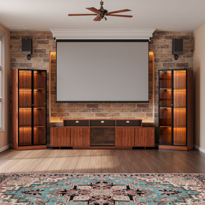Mid-century Modern Living-Room-Furniture-Sets, Brown Home Theater Entertainment Center With Storages And Carved Geometric For 100 Inch TV, Retro Wood Walnut Finish Expandable TV Stand And 2 Glass Display Cabinet Set
