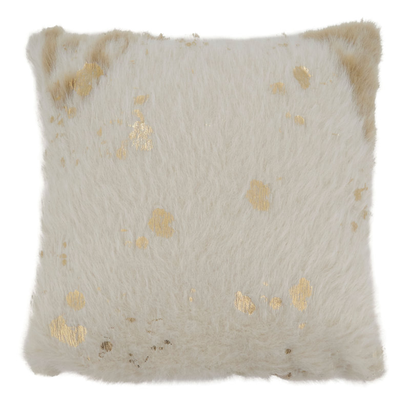 Ivory and Gold Faux Cow Hide Square Throw Pillow