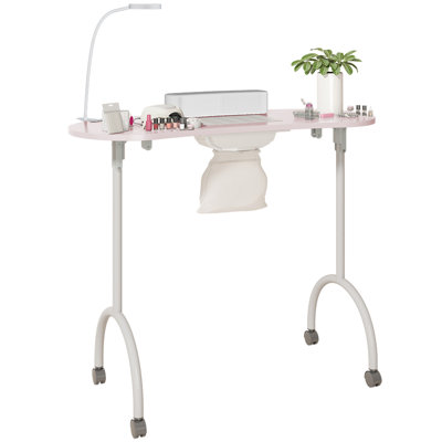 Table de manucure pliante portable avec lampe DEL, collecteur de poussière, roues, rose / blanc / noir