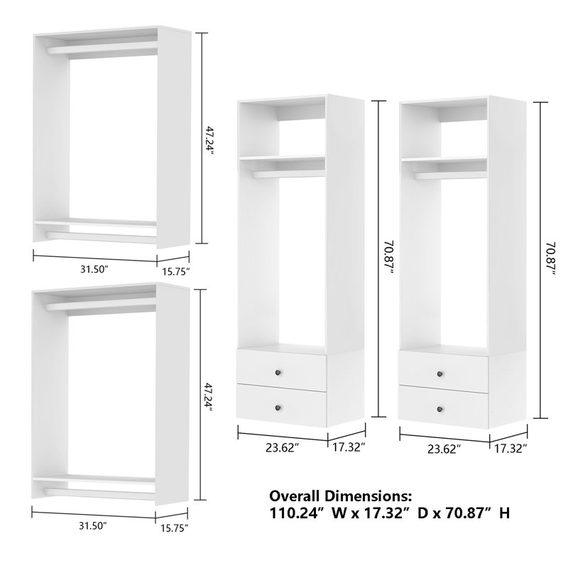 Système d'organisation en bois blanc avec 2 tablettes, 4 tiroirs et 6 tringles