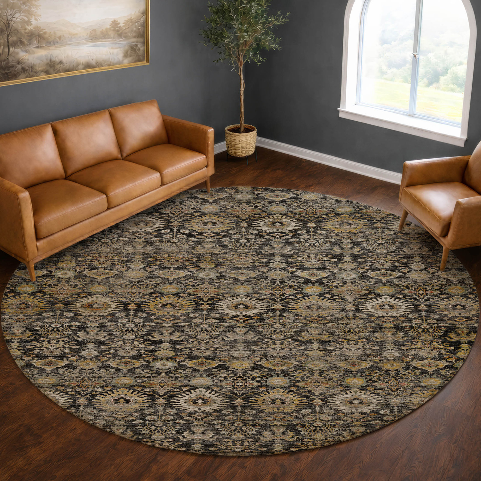 Premium Machine Washable Tirico Traditional Rug, Black, 8' Round