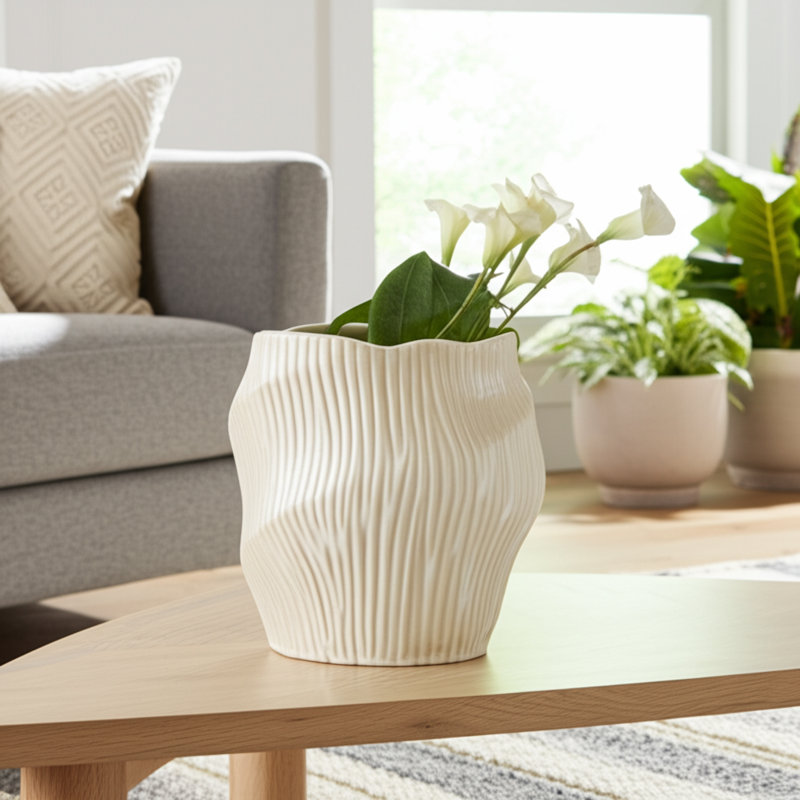 Vase sculptural en céramique sculpté pour table, H 11 po x l 11 po x P 11 po, Crème, crème