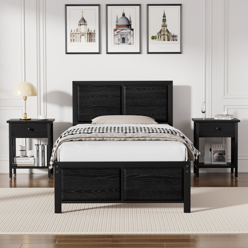 Kempst 3 Piece Twin Size Bedroom Set, Modern Wood Platform Bed Frame and Nightstand Set, Farmhouse Industrial Bedroom Furniture Set in Black, No Box Spring Needed