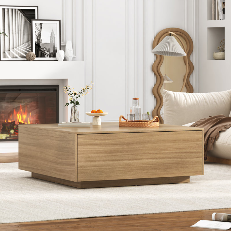 Oak Square Coffee Table with Metal Accents and Storage Drawers