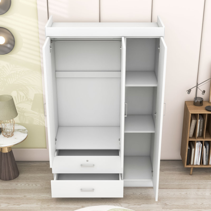 Armoire avec 3 portes, tiroirs de rangement et tablettes, Blanc