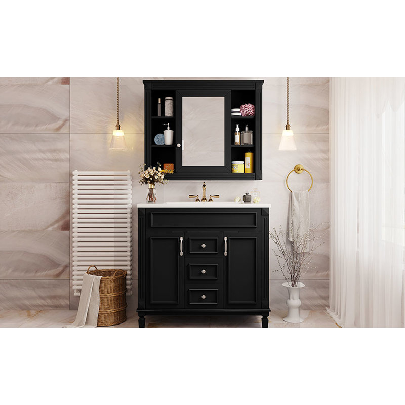 Meuble-lavabo de salle de bain 36 po, style armoire de toilette noire, 2 portes et tiroirs, meuble-lavabo d'appoint, décor et luxueux