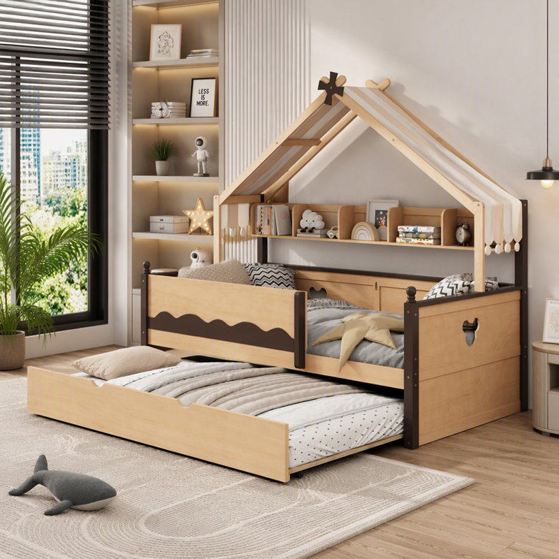 Lit simple en forme de maison avec bibliothèque intégrée, Naturel et espresso