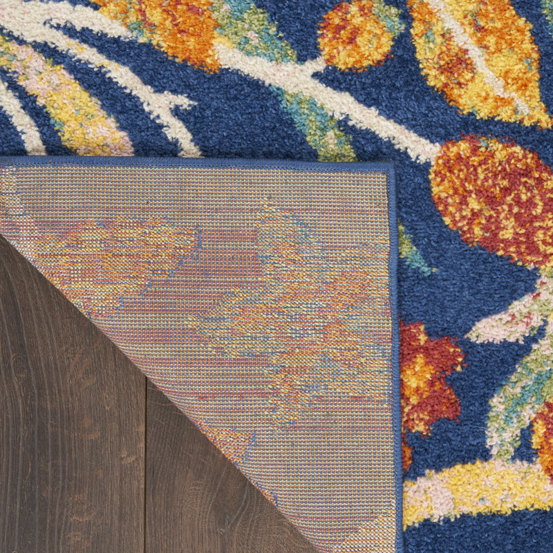 Tapis bleu marine à motif floral Lakenya, Tapis de couloir 2 pi 3 po x 7 pi 6 po