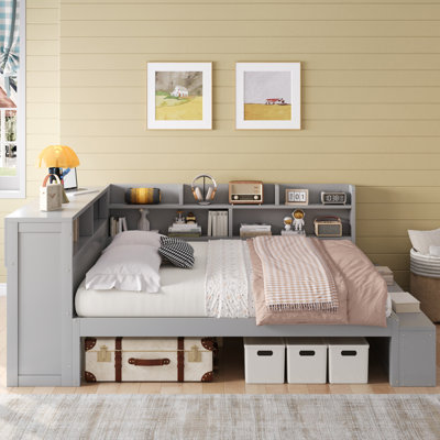Full Size Daybed with Storage and Shoe Cabinets, USB Charging Ports, Multi-Functional Gray Bed