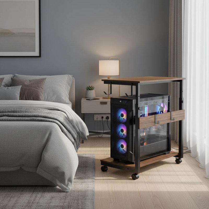Support pour unité centrale réglable en hauteur sur 5 niveaux en bois de pêcher, support à roulettes pour tour d'ordinateur avec roulettes verrouillables et panneau ventilé – Chariot mobile pour PC sous bureau avec gestion des câbles pour le jeu et le télétravail