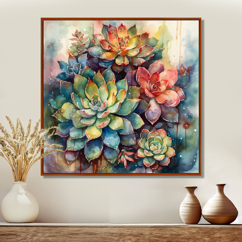 Rylinn vert rouge cactus paysage IV - art mural cactus, H 30 po x l 30 po, Cadre flottant brun