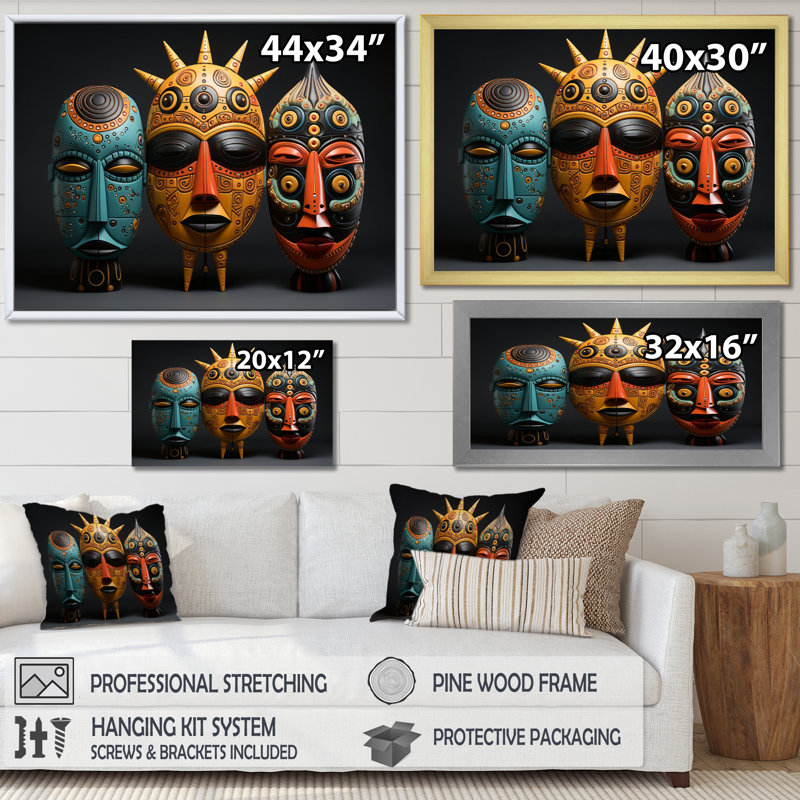Masques colorés d'Afrique sur toile, H 12 po x l 20 po x P 1 po, Cadre flottant blanc