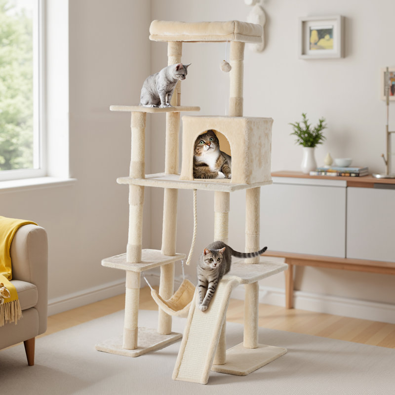 Grand arbre à chat à plusieurs niveaux, tour d'arbre à chat H 63 po avec perchoir, condo, hamac et rampe, poteau à griffes recouvert de sisal